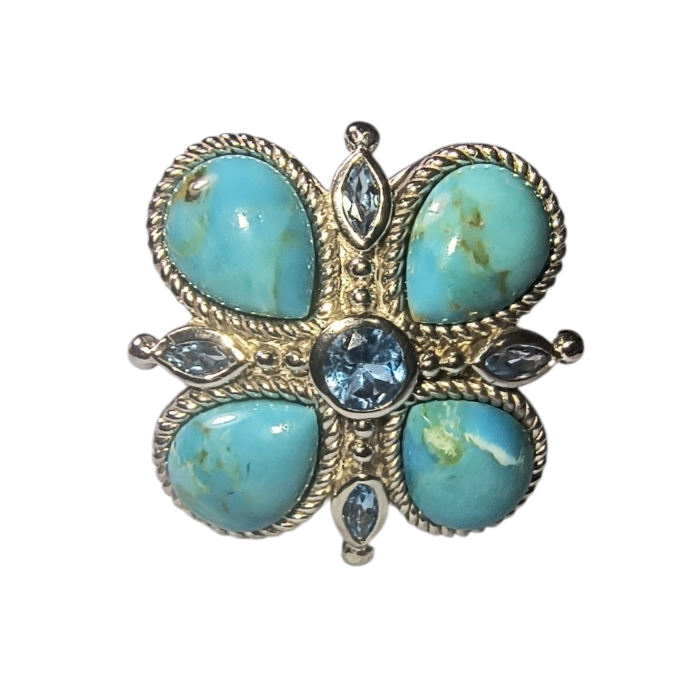 Turquoise And Blue Topaz 4-Leaf Clover Ring In Sterling Silver - Picture 2 of 11
